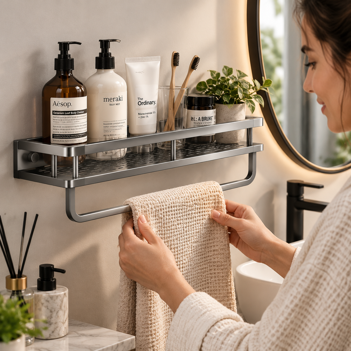 No-Drill Space Aluminum Bathroom Wall Shelf with Towel Bar