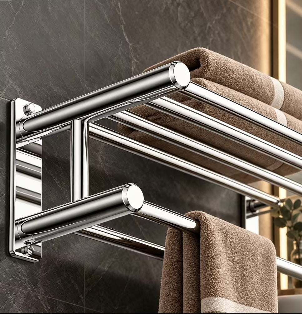 Wall-Mounted 304 Stainless Steel Towel Rack with Storage Shelf