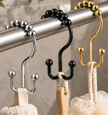 Sleek Metal Shower Curtain Hooks with Gliding Roller Beads