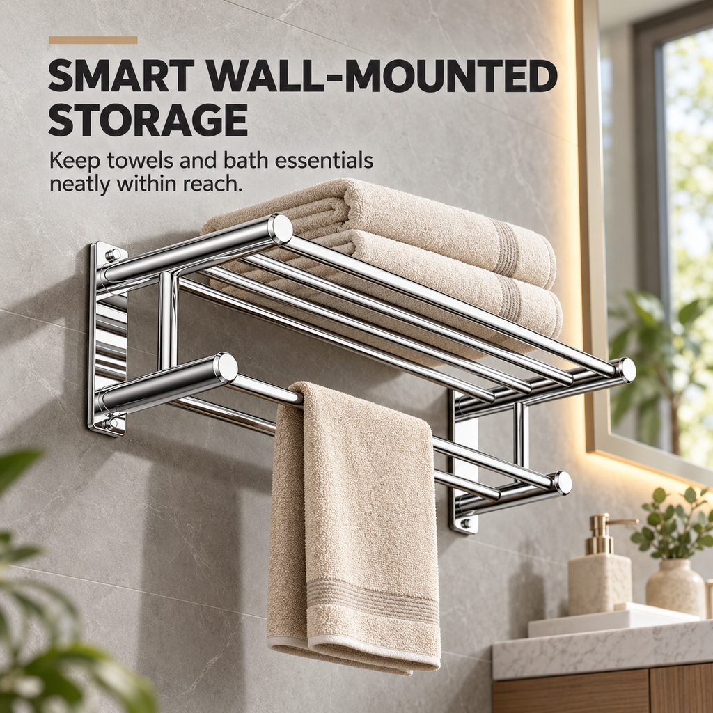 Wall-Mounted 304 Stainless Steel Towel Rack with Storage Shelf