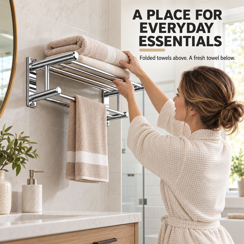 Wall-Mounted 304 Stainless Steel Towel Rack with Storage Shelf