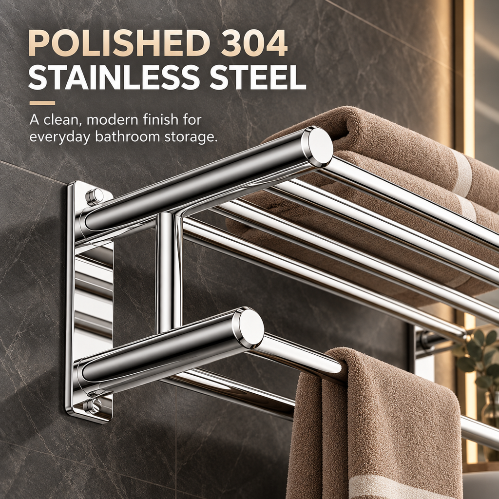 Wall-Mounted 304 Stainless Steel Towel Rack with Storage Shelf