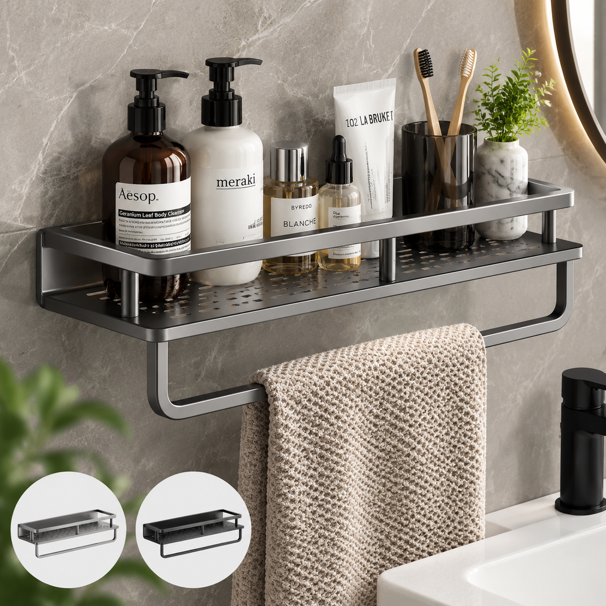 No-Drill Space Aluminum Bathroom Wall Shelf with Towel Bar