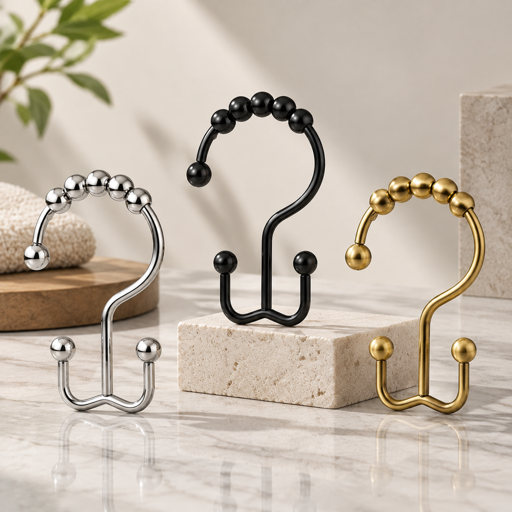 Sleek Metal Shower Curtain Hooks with Gliding Roller Beads