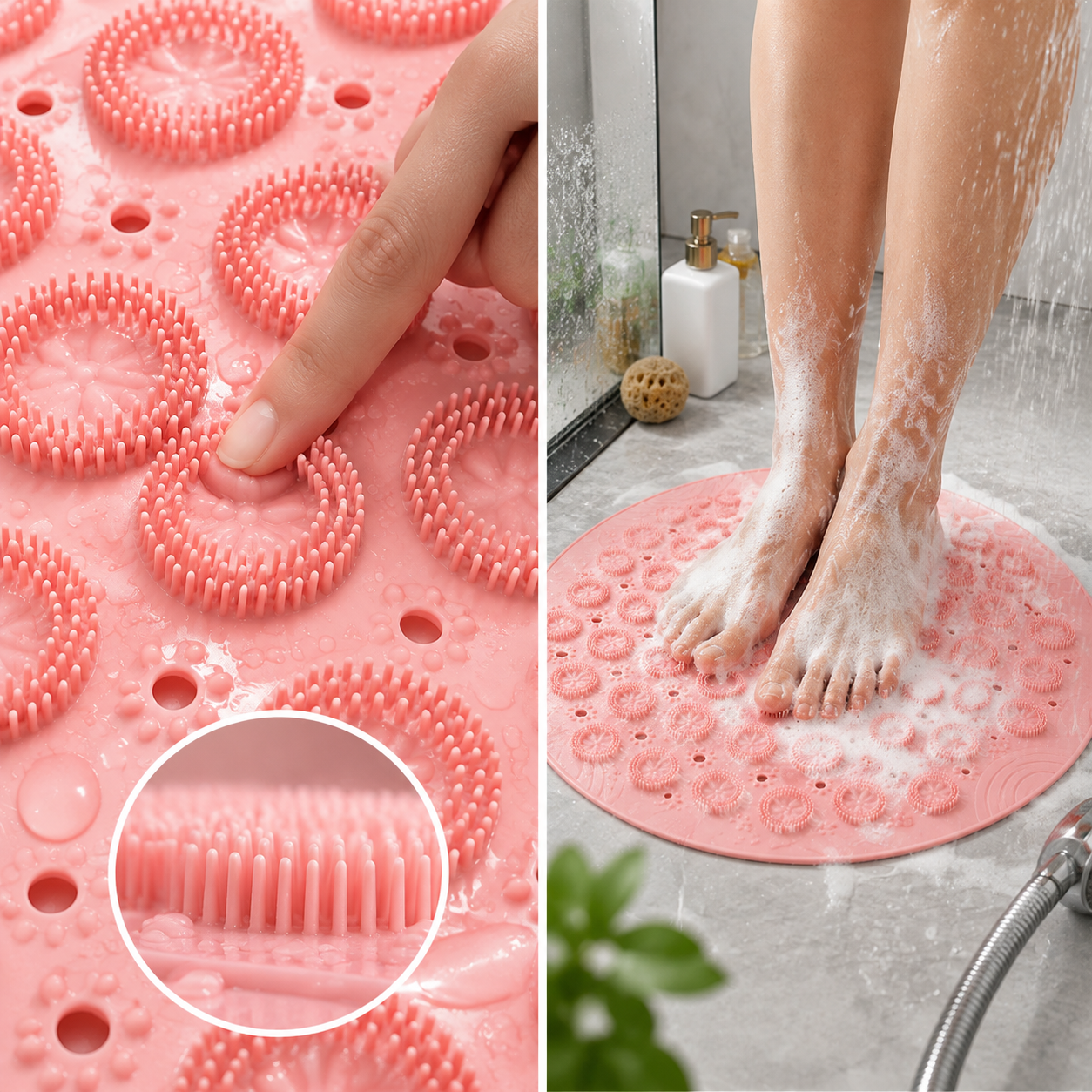 Round Flexible Silicone Shower Mat with Suction Grid & Drainage