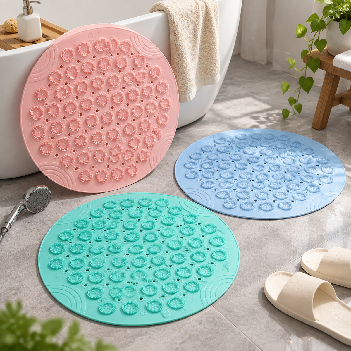 Round Flexible Silicone Shower Mat with Suction Grid & Drainage