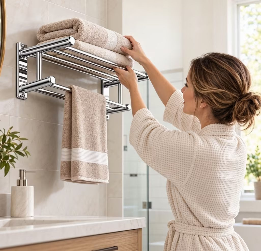 Wall-Mounted 304 Stainless Steel Towel Rack with Storage Shelf