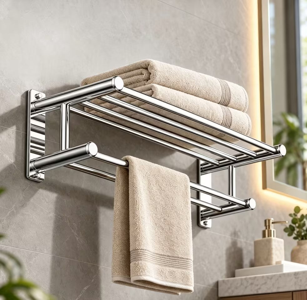 Wall-Mounted 304 Stainless Steel Towel Rack with Storage Shelf