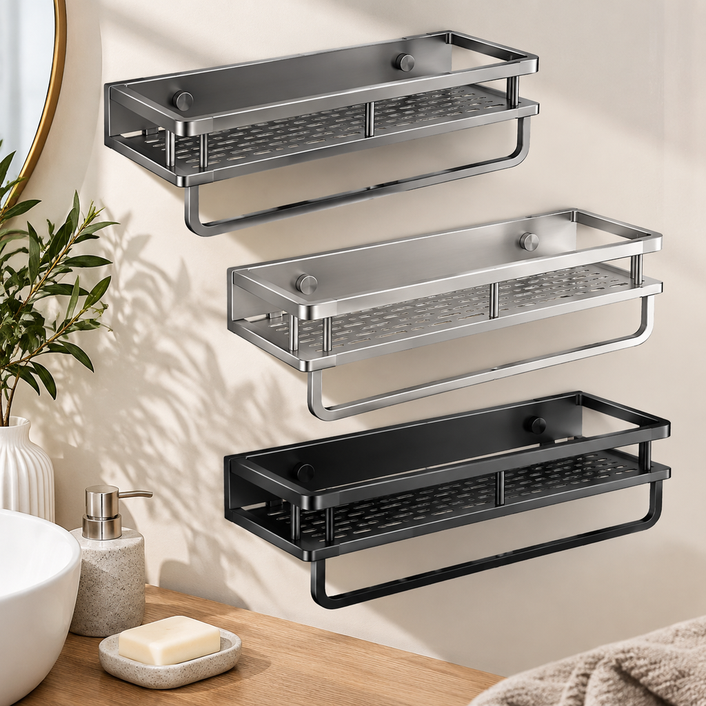 No-Drill Space Aluminum Bathroom Wall Shelf with Towel Bar