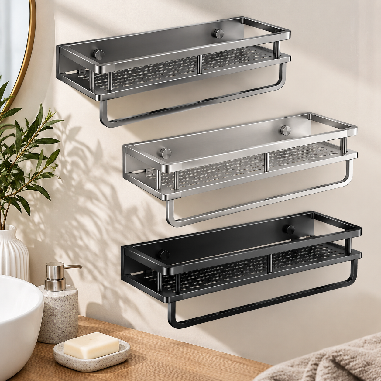 No-Drill Space Aluminum Bathroom Wall Shelf with Towel Bar